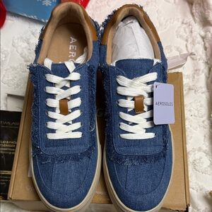 AEROSOLES Frayed Denim Sneakers with White Laces